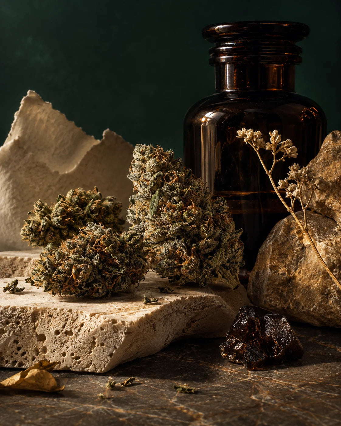 Bodegón de referencia: flores de cáñamo, piedra natural y cristal ámbar