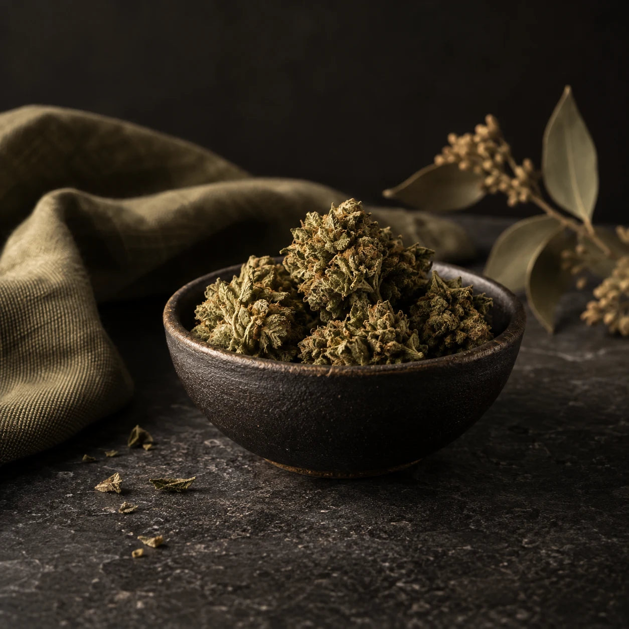 Flores aromáticas en cerámica oscura; fotografía de referencia